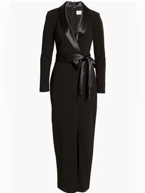 Black Satin-Trim Long Tuxedo Dress